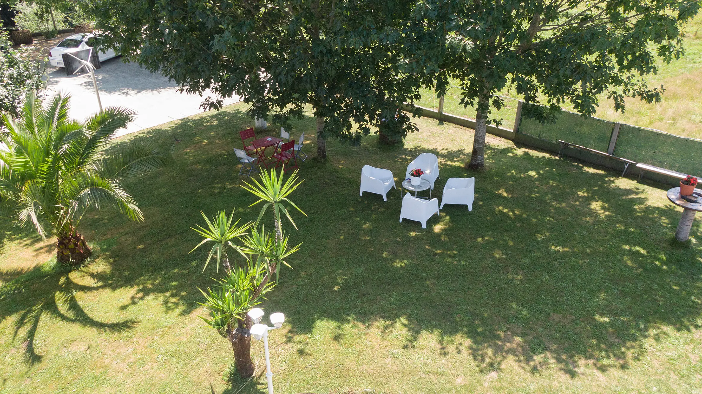 Vista lateral del edificio rodeado de naturaleza y árboles